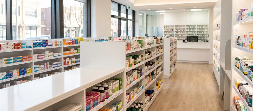 Mostrador de farmacia y compra de suplementos originales
